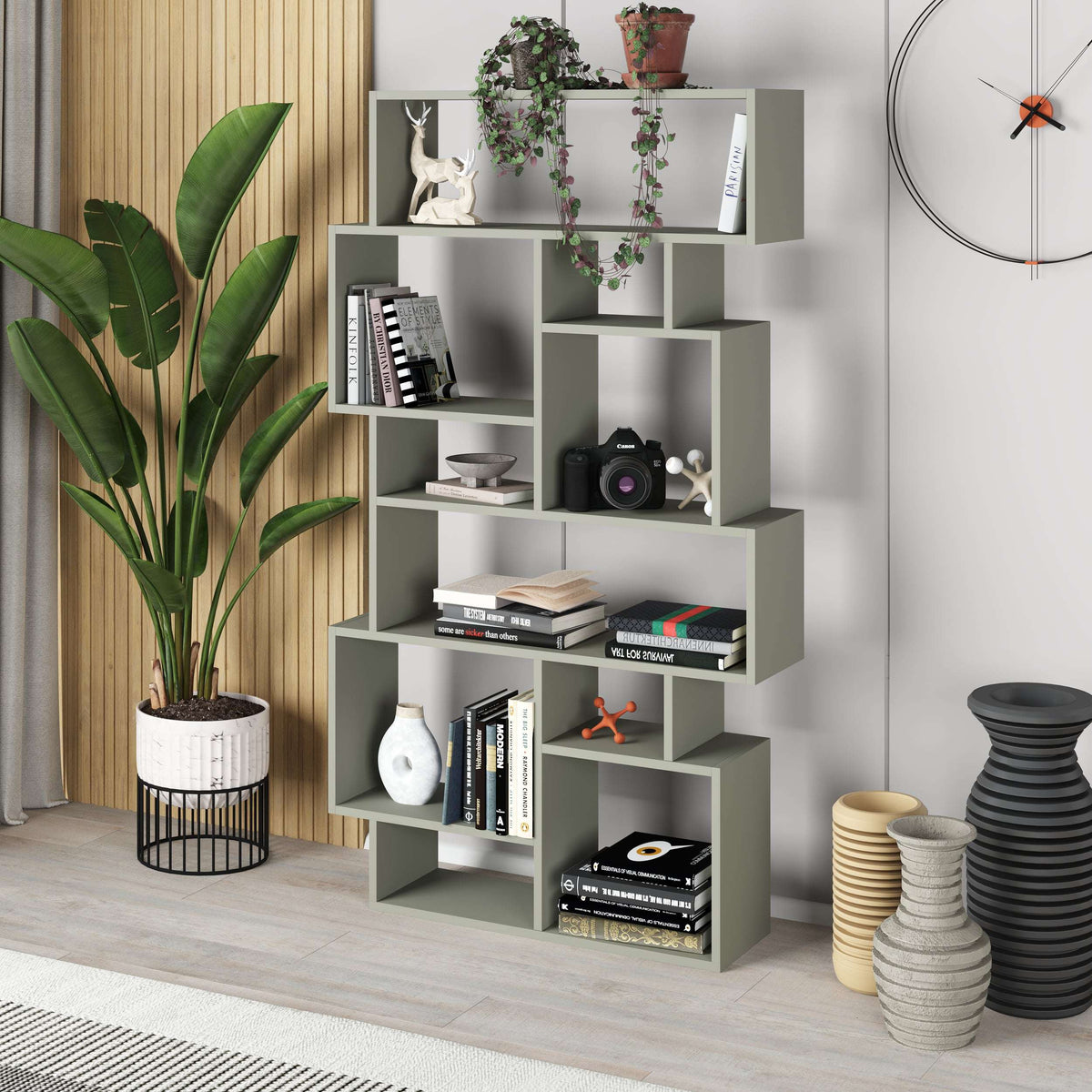 Tall bookcase display unit with multiple open cubby shelves, white frame