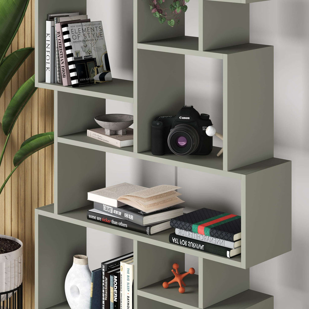 Tall bookcase display unit showing open shelves and cubby compartments, white frame