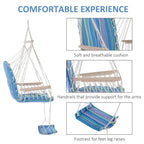 Blue striped hanging rope chair with padded cushion, supportive handrails, and footrest