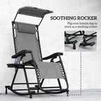 Grey outdoor rocking recliner chair with flip-over legs and padded backrest