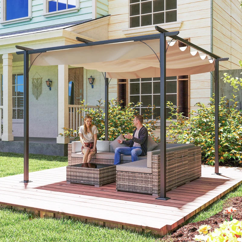Beige retractable-canopy metal pergola with four posts on wooden deck beside house