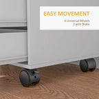 White mobile storage cabinet with 2 caster wheels and brake for stability