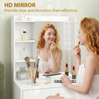 White dressing table with tall mirror cabinet and open shelves for makeup and toiletries