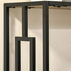 Metal frame detail of an industrial console table with open rectangular side supports
