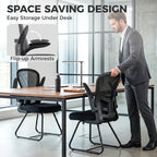 Black reception chair with flip-up armrests and mesh back, metal frame
