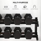 Wall-mounted multi-purpose rack with empty hex-dumbbell holders on two tiers