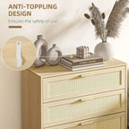 Natural rattan chest of drawers with anti-tip strap and woven drawer fronts