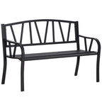 Black metal two-seat garden bench with arched slat back and armrests