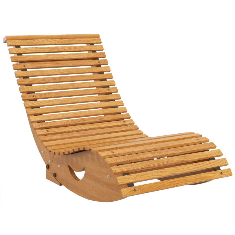Light brown wooden rocking chair with slatted back and seat, curved rock base