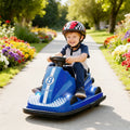 Blue electric bumper car with a child seated at the wheel and front LED headlights on