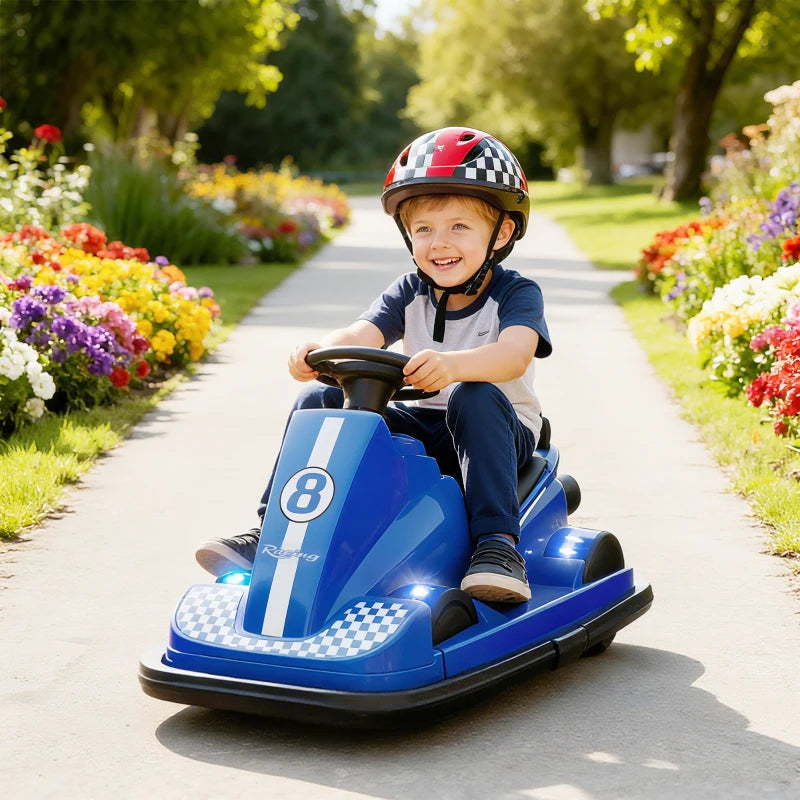 Blue electric bumper car with a child seated at the wheel and front LED headlights on