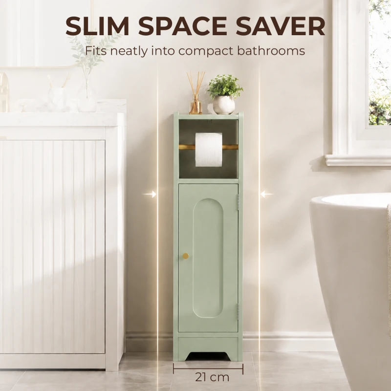 Light green slim bathroom cabinet with toilet roll holder and lower storage door