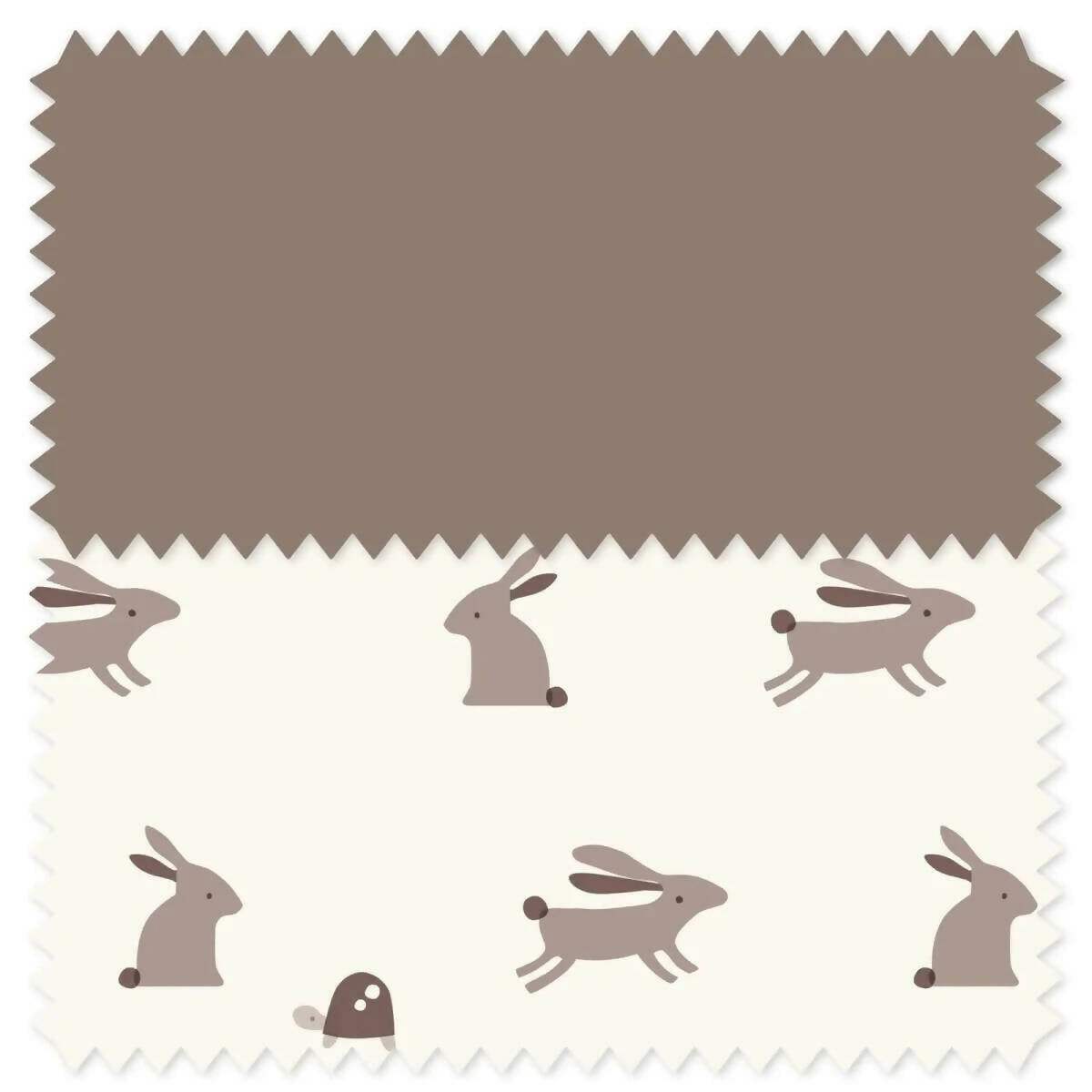 Car seat fabric swatch with white bunnies and dogs on taupe and cream background