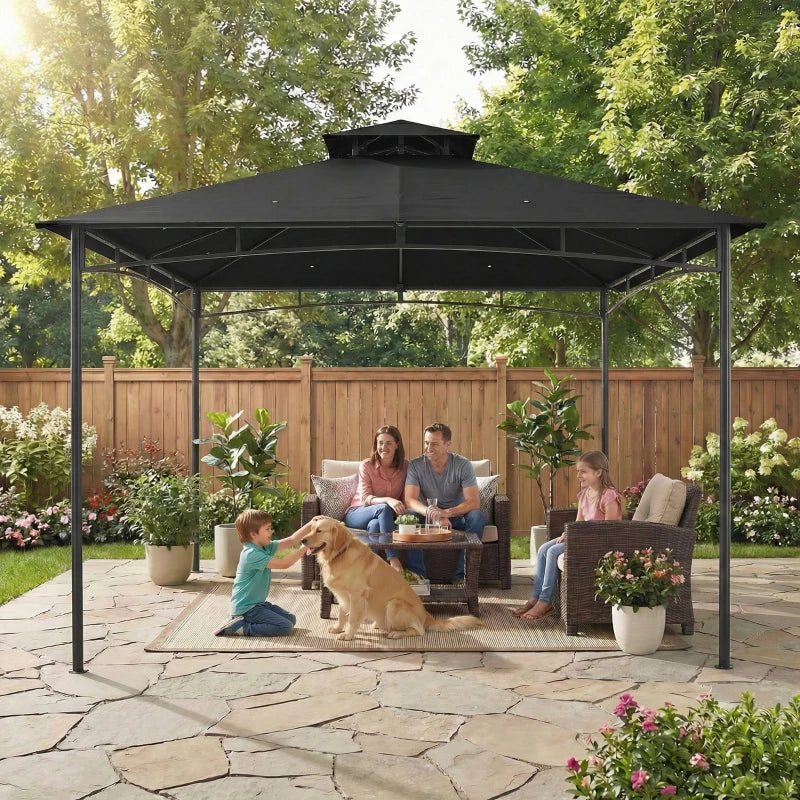 Black metal garden gazebo with two-tier roof and four open sides