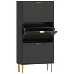 Black shoe cabinet with flip doors and three open storage compartments, gold handles.