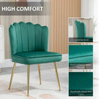 Green velvet-feel accent chair with curved backrest, thick padded seat, and gold legs