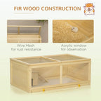 Natural wood hamster cage with wire mesh ventilation window and clear acrylic side