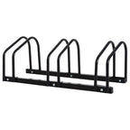 Black 3-bicycle parking rack with three U-shaped holders on a flat base