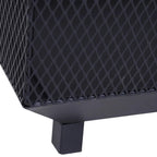 Close-up of black fire pit front leg and lower mesh panel