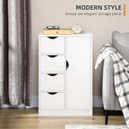 White freestanding storage cabinet with 4 drawers and side door, modern design