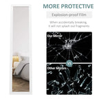 White full-length mirror with protective safety film comparison graphic