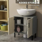 Under-sink cabinet with open doors and two-tier shelves, natural wood finish.