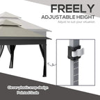 Light grey gazebo with adjustable-height corner legs and dark hanging curtains