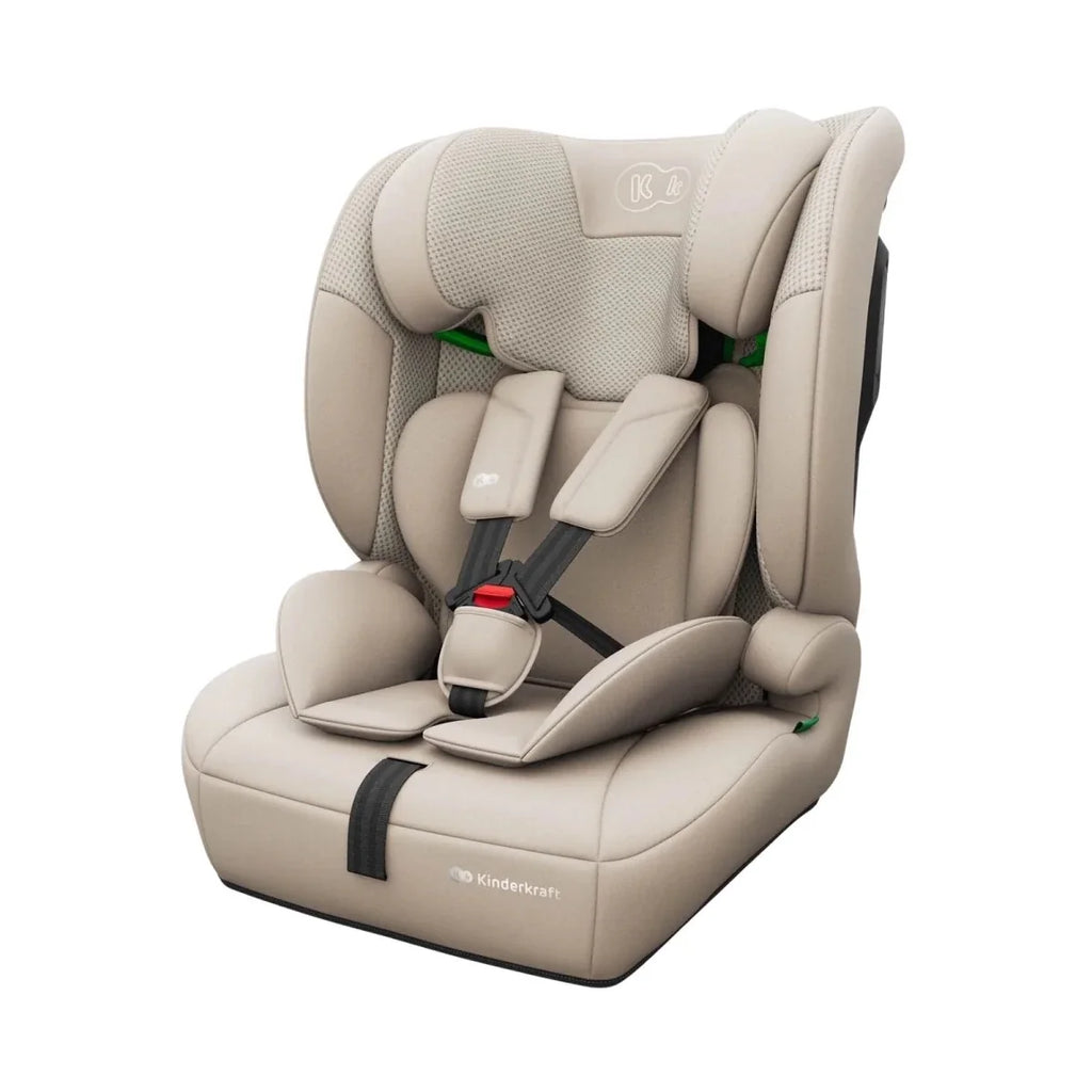 Beige i-Size group 1/2/3 child car seat with padded headrest and shoulder harness
