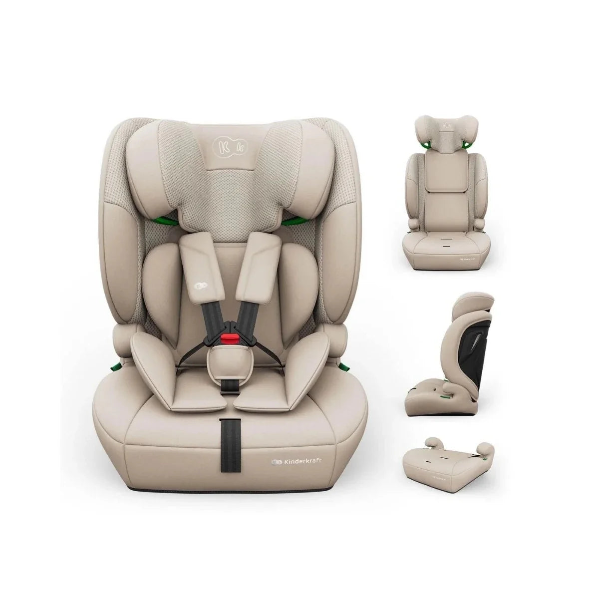 Beige i-Size group 1/2/3 child car seat with central harness buckle and side wings