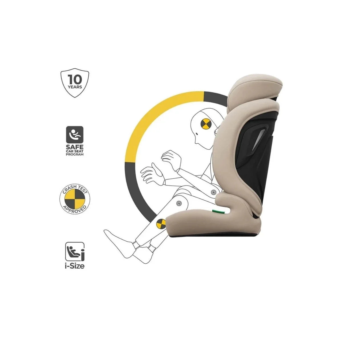Beige i-Size child car seat with safety diagram icons for child restraint