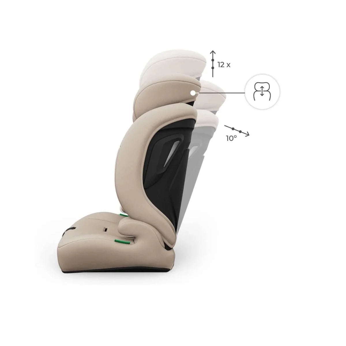 Beige child car seat with adjustable recline, side protection wings, and headrest
