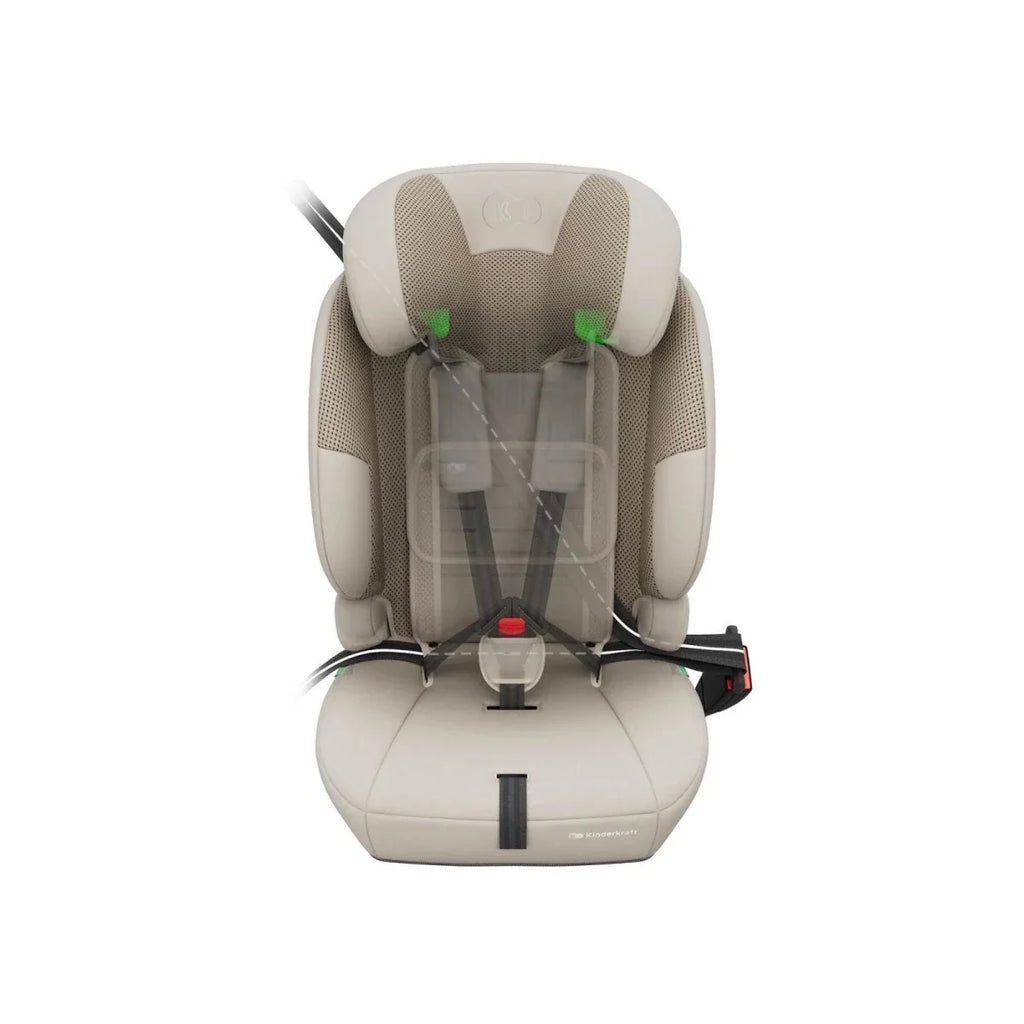 Beige child car seat with open harness area and adjustable headrest