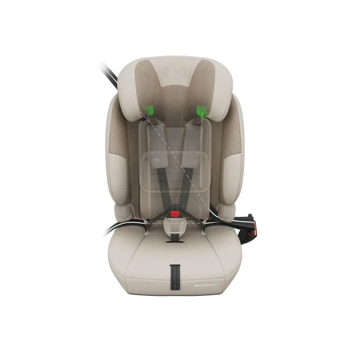 Beige child car seat with open harness area and adjustable headrest