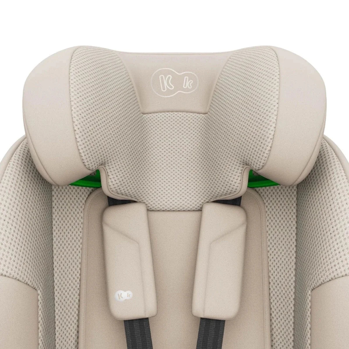 Beige child car seat headrest with K logo and padded side support wings