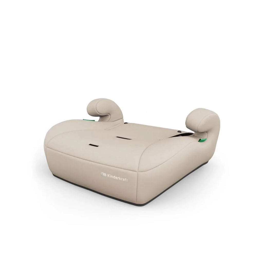 Beige booster car seat with contoured cushion and two raised side supports
