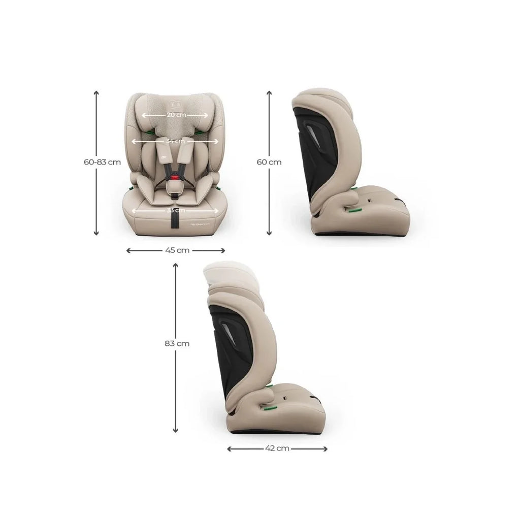 Beige child car seat with size measurements for seat, base, and headrest