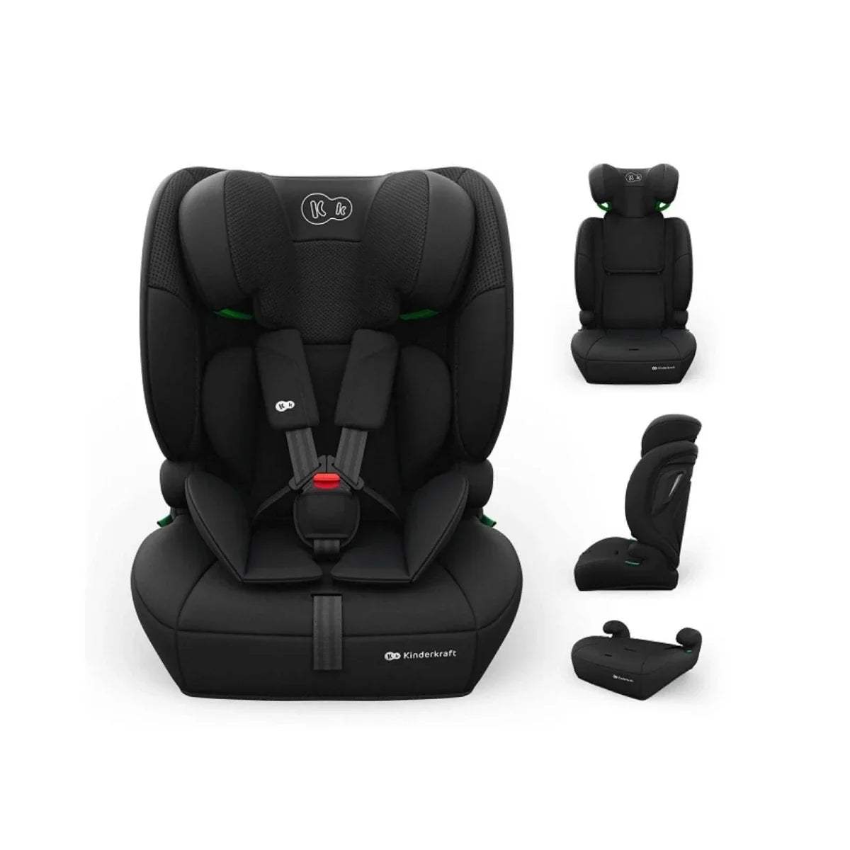 Black car seat with adjustable headrest and recline base, shown from multiple angles