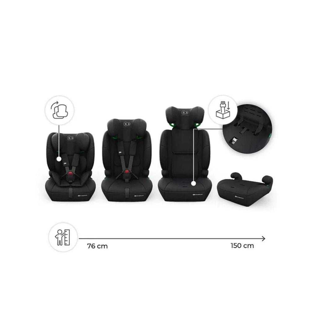 Black Group 1/2/3 i-Size car seat with positioning diagrams for different stages