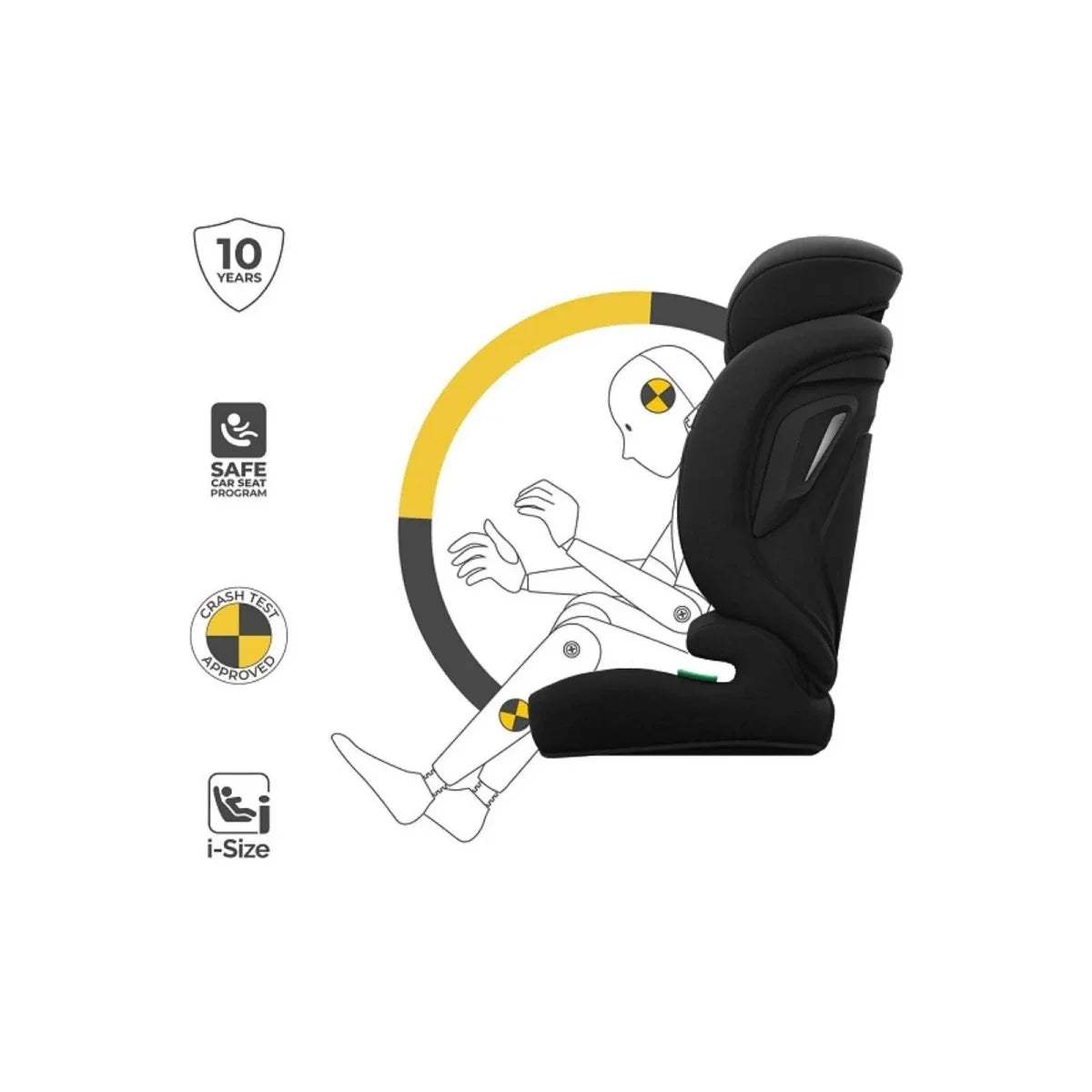 Black i-Size car seat with side impact wings and headrest positioning guide