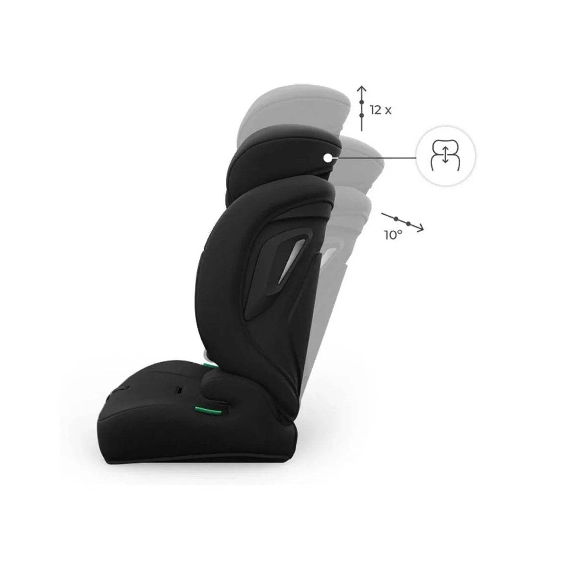 Black car seat with adjustable headrest and padded leg support extension