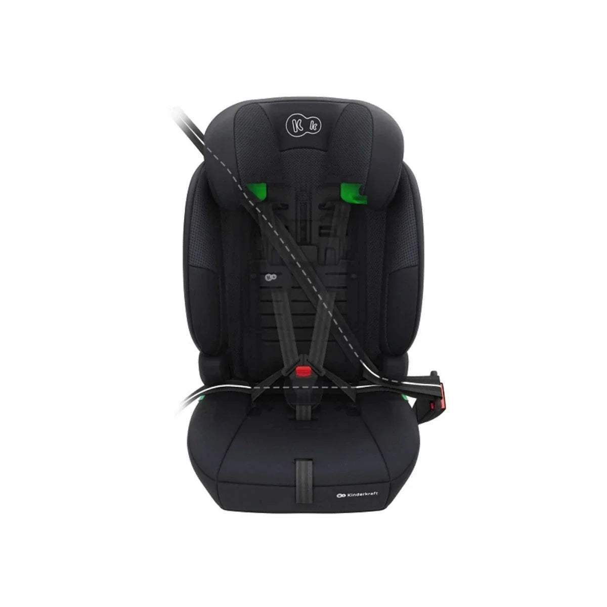 Black car seat with belt-routing guide showing internal harness paths
