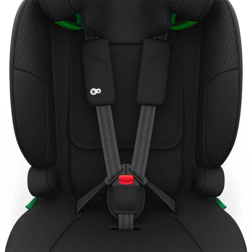 Black padded car seat harness area with two shoulder pads and chest buckle
