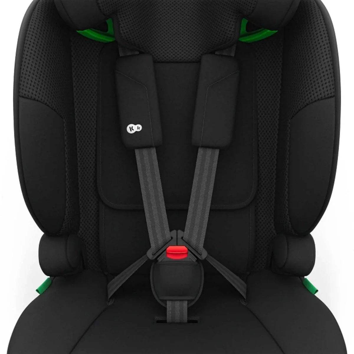 Black padded car seat harness area with two shoulder pads and chest buckle