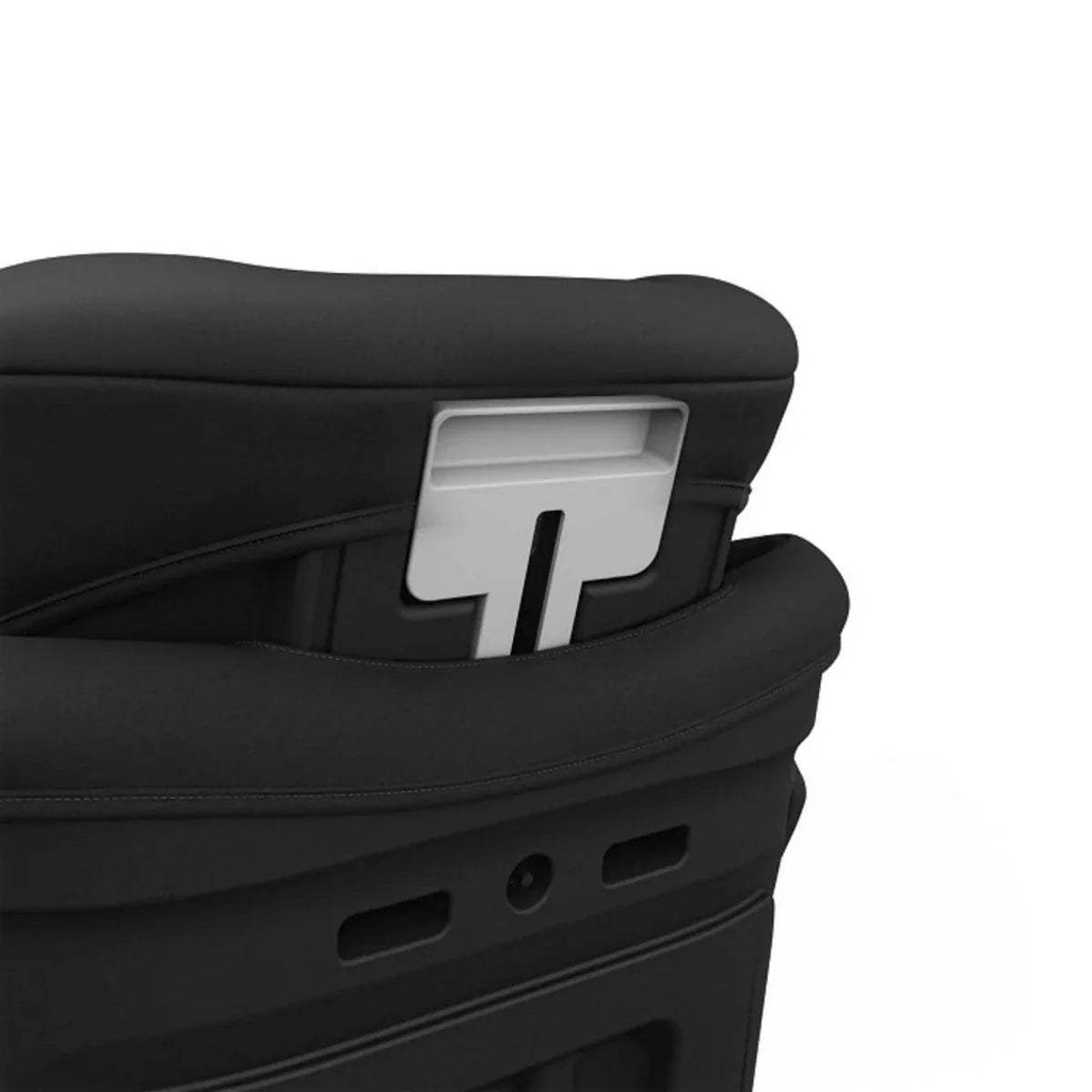 Black car seat side adjustment panel and armrest with a gray connector piece