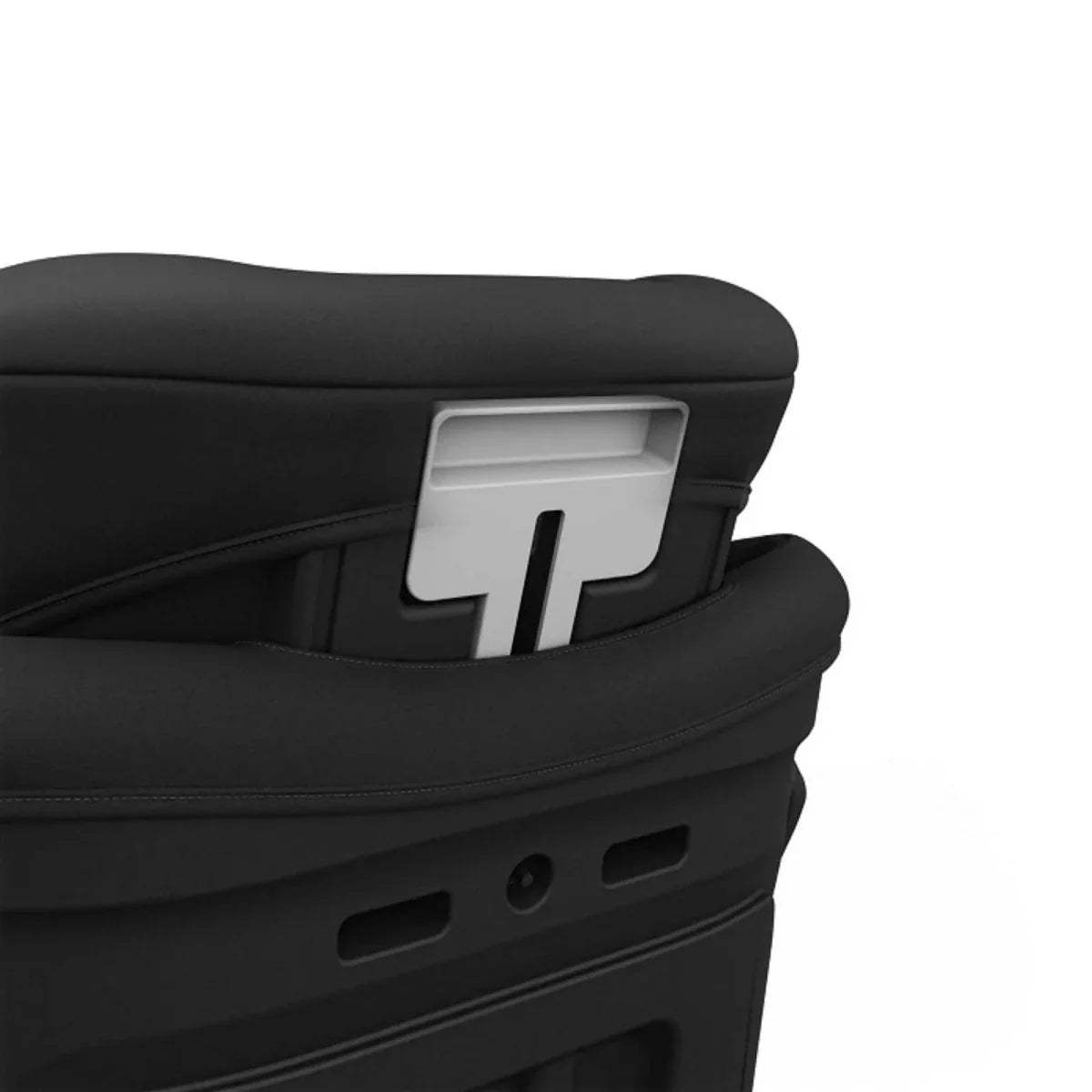 Black car seat side adjustment panel and armrest with a gray connector piece