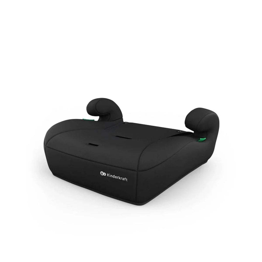 Black car seat booster cushion with two armrests and padded head support