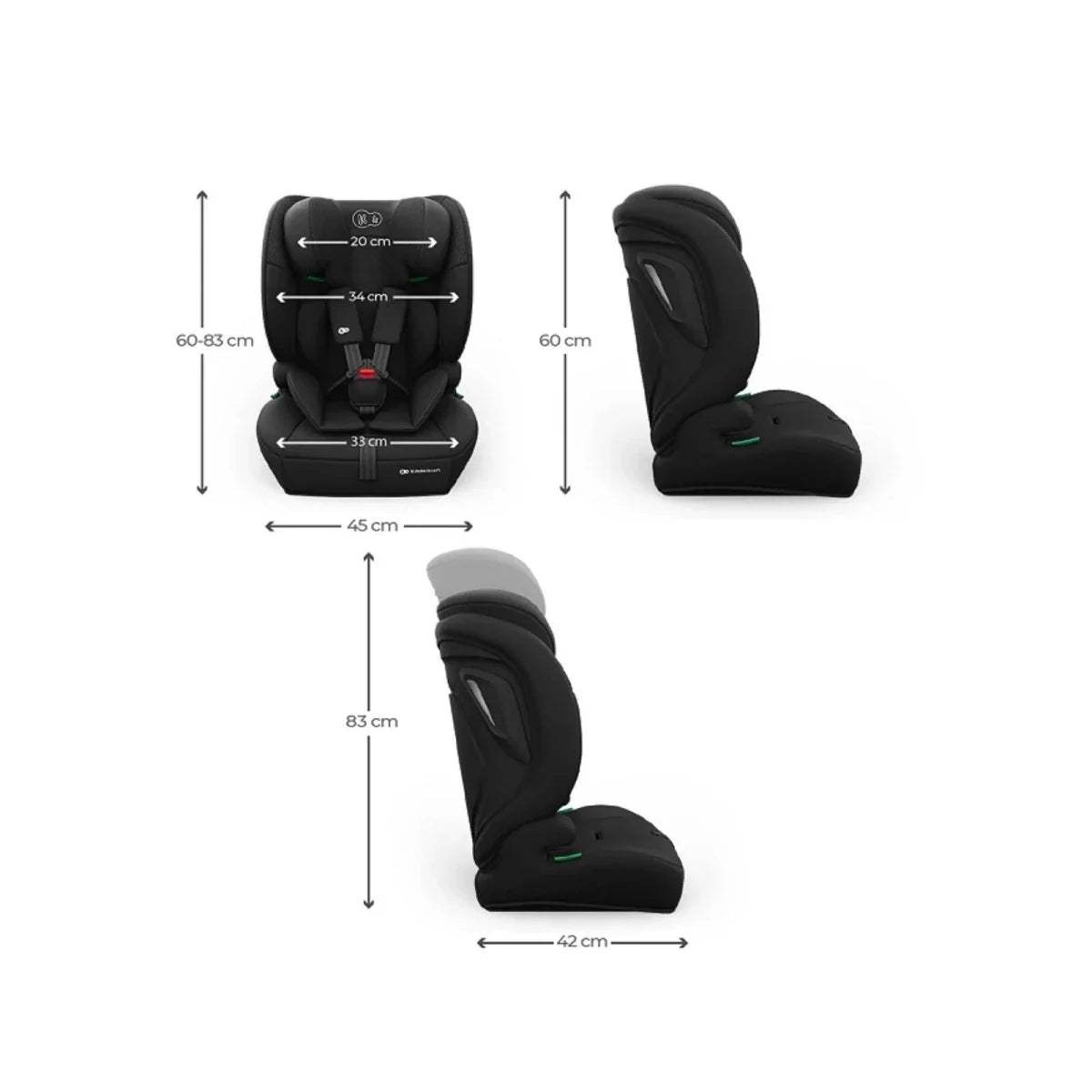 Black car seat with adjustable headrest and padded 5-point harness