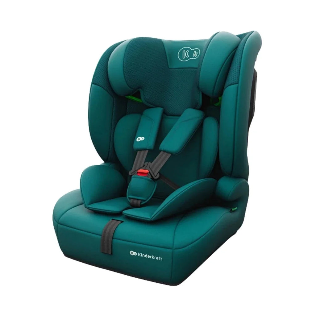 Green toddler car seat with padded harness and headrest, Group 1/2/3.