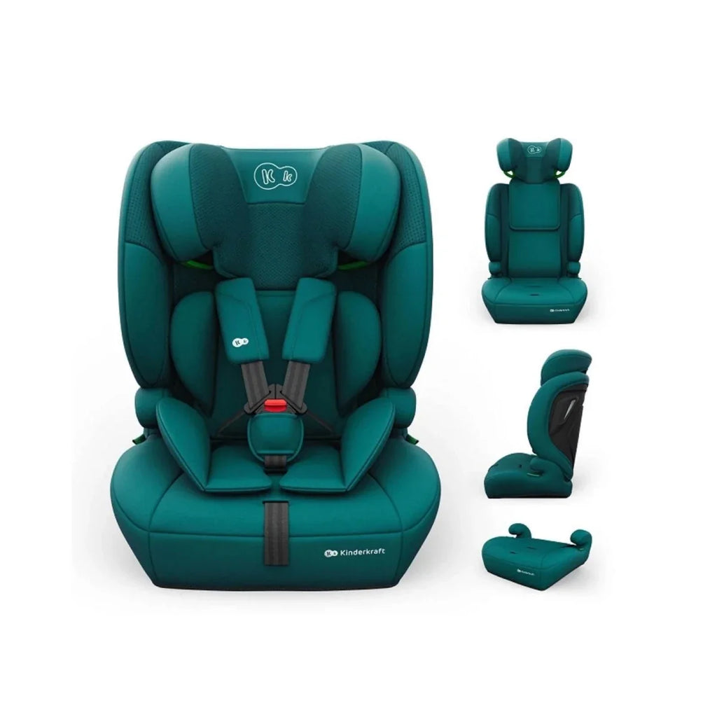 Green i-Size car seat with harness straps and adjustable headrest.