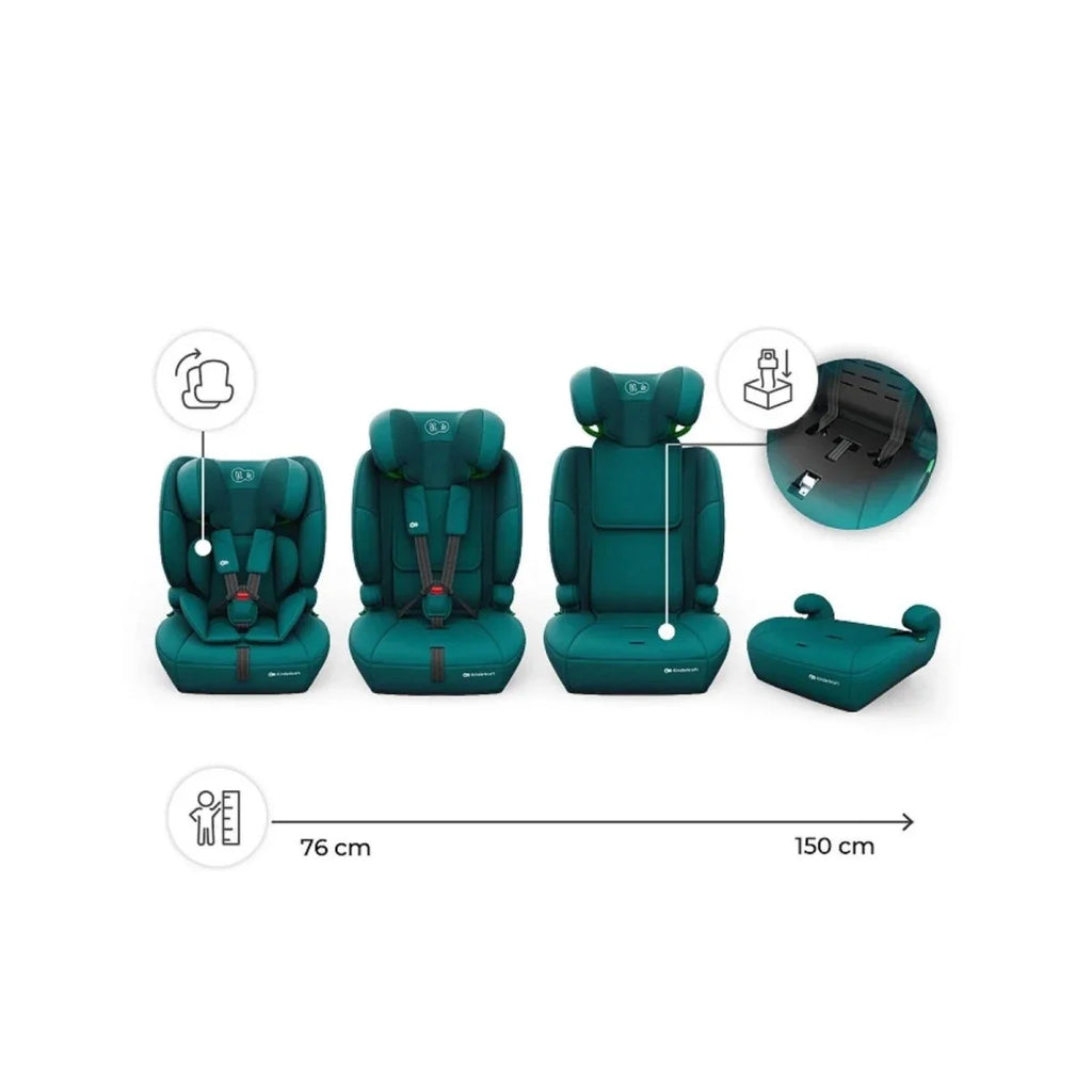 Green car seat shown in multiple recline positions with leg rest extension.